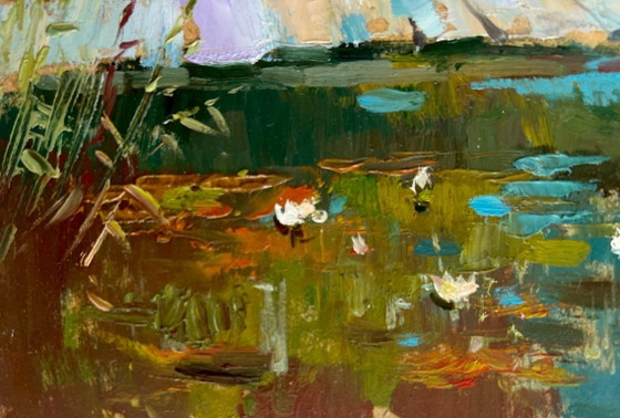 Image 1 of Original Oil Painting Summer River Landscape Good fishing holiday
