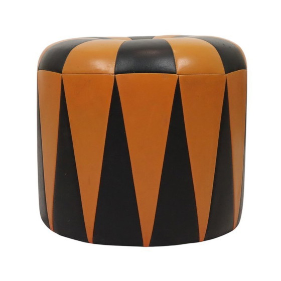 Image 1 of Pouf rotondo vintage in similpelle arancione e nera