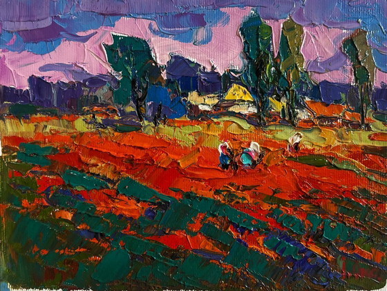 Image 1 of Original Oil Painting Summer Evening Landscape Buckwheat stubble