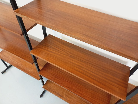 Image 1 of Vintage Italian triple modular bookcase in teak and metal from the 1960s