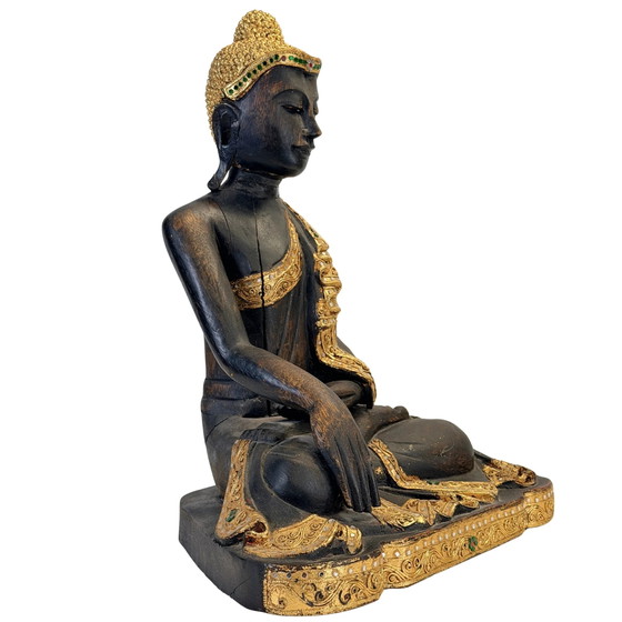 Antique Burmese Buddha with gilding and glass inlay – 50.5 cm – Sculpture, Wood (photo 4 of 11)