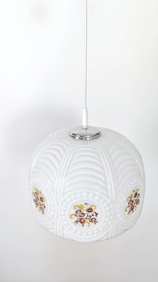 Vintage country-style kitchen pendant light from the 1970s, Yugoslavia, floral opal glass, hanging lamp, retro chandelier 
