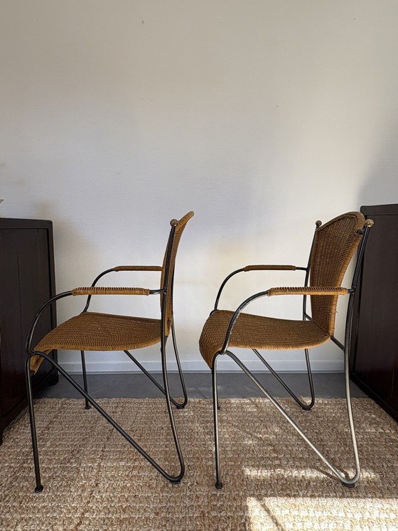 Image 1 of Ensemble de chaises vintage en rotin et fer forgé Frederick Weinberg