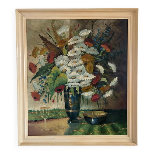 Peinture à l'huile florale originale vintage représentant des fleurs sauvages dans un vase bleu