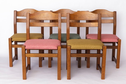 Set of 5 Vintage Dining Chairs, 1960s–1970s | Colorful Upholstered Mid-Century Chairs in Stained Beech Wood, 6 Available