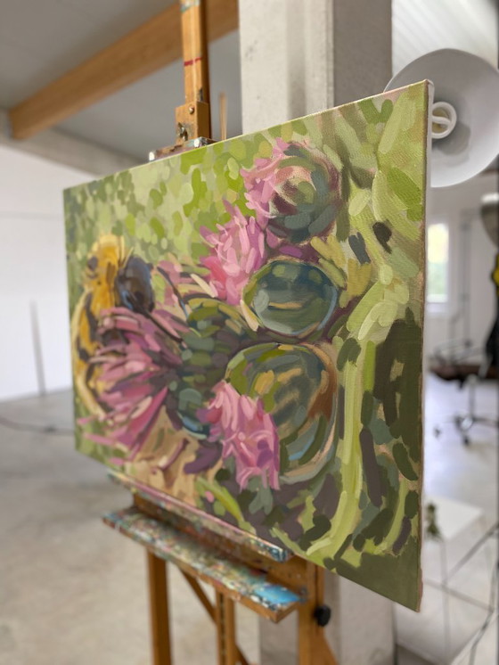Image 1 of Bumblebee and Thistles, oil on canvas, 100x70cm, Sandra Kolondam