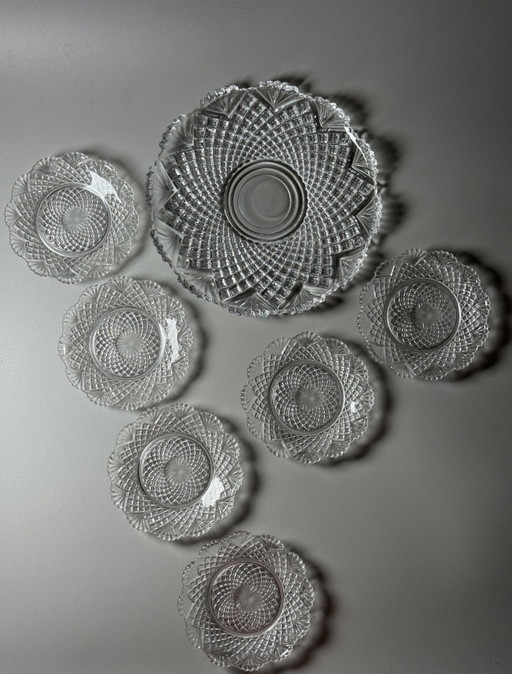 Val Saint Lambert “Diamants Pierreries” Dessert Service – 7 Pieces – Pressed Crystal – Documented in the 1913 Catalogue