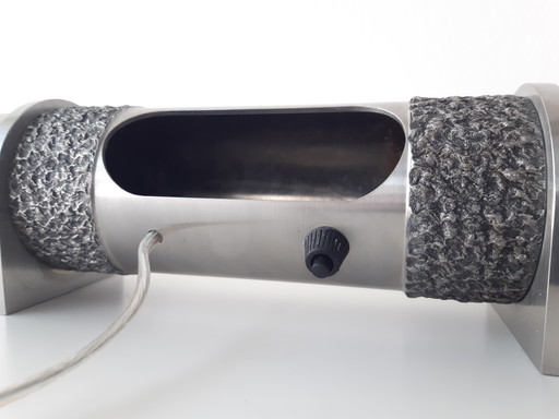 Bijzondere stalen vintage cilinder lamp, sfeervolle brutalist tafellamp