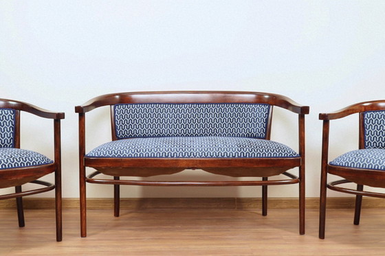 Image 1 of Art-Deco-Set aus Thonet-Sofa und Sesseln, blauer geometrischer Jacquard