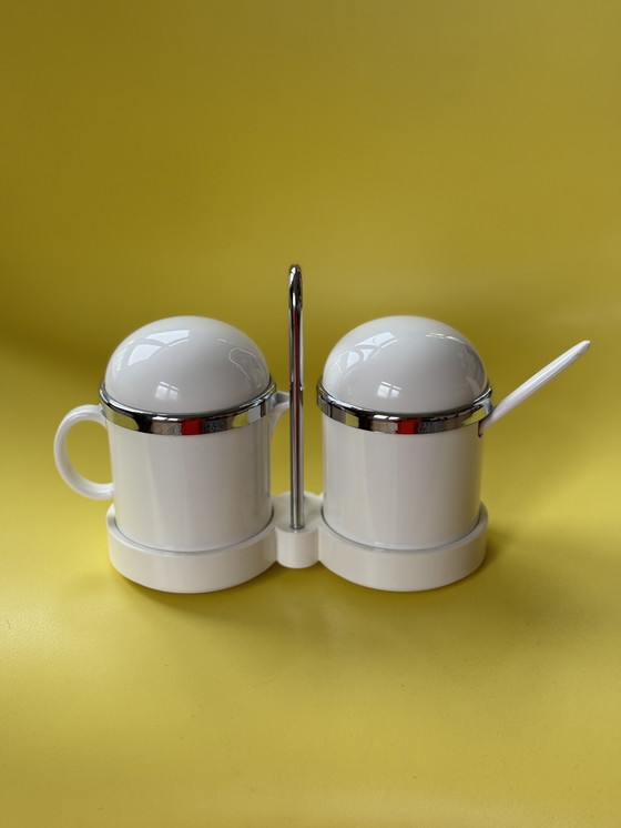 Image 1 of Vintage Emsa melk en suiker set – retro wit kunststof & chroom – West-Duits design jaren 70/80