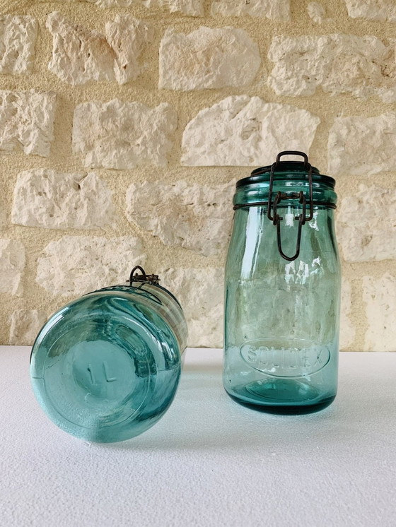 Image 1 of Pots en verre turquoise de Solidex, 1940s, ensemble de deux.