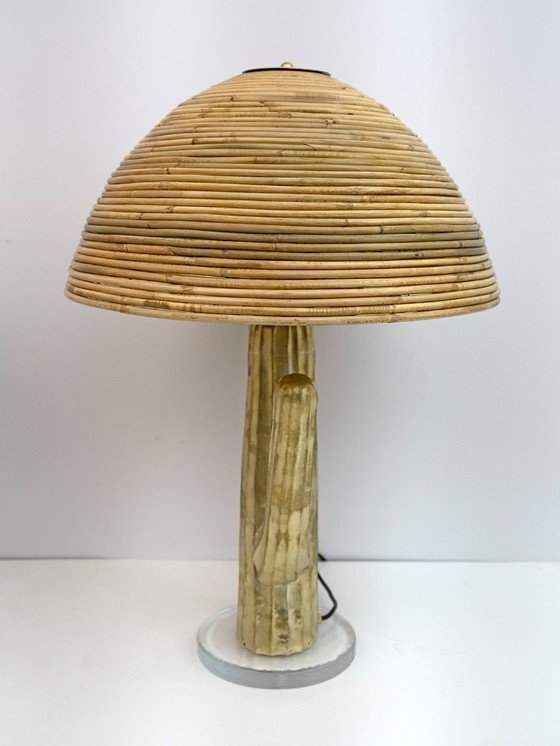 Image 1 of Coppia di lampade Hollywood Regency in rattan e ottone con cactus, Italia, anni '90