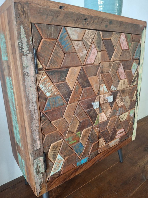 Sideboard made of recycled wood, with hand-inlaid mosaic work