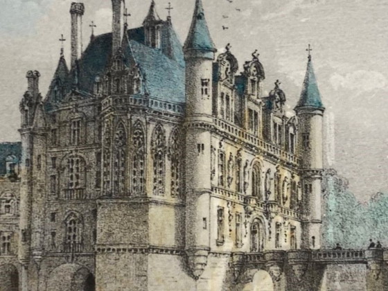 Image 1 of Antique Lithograph 1851 Château de Chenonceaux Sketch of Lady Chatterton