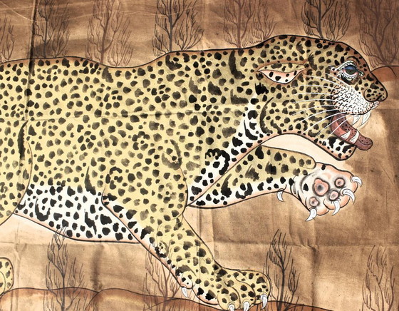 Grande leopardo 184 cm x 118 cm. Tela dipinta a mano dall'India. Unico. – Dipinti e disegni, Cotone (photo 5 of 7)