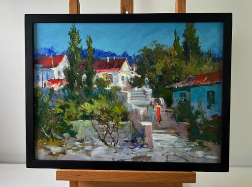 Original Oil Painting Summer Houses Landscape A walk through the city streets