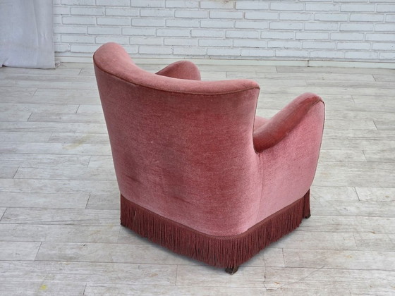 Image 1 of 1970s, Danish armchair, salmon pink furniture velour, oak wood.