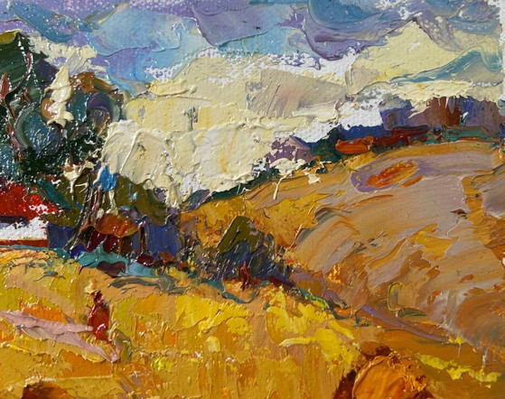 Image 1 of Original Oil Painting Summer Field Landscape Edge of the village