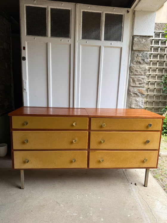 Image 1 of Enfilade commode coiffeuse Roger Landault années 50/60 suédine jaune