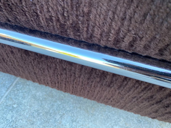 Image 1 of Divano da salotto modulare poltrona poggiapiedi stile Bauhaus in velluto a coste marrone e cromo vintage 1970