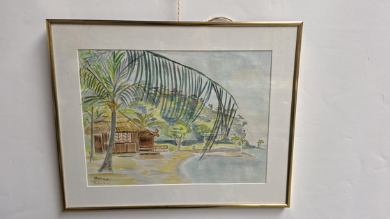 Image 1 of # Willemien ’89 – Puerto Azul | Acquarel/Reisschets vintage | 50 x 40 cm | Ingelijst
