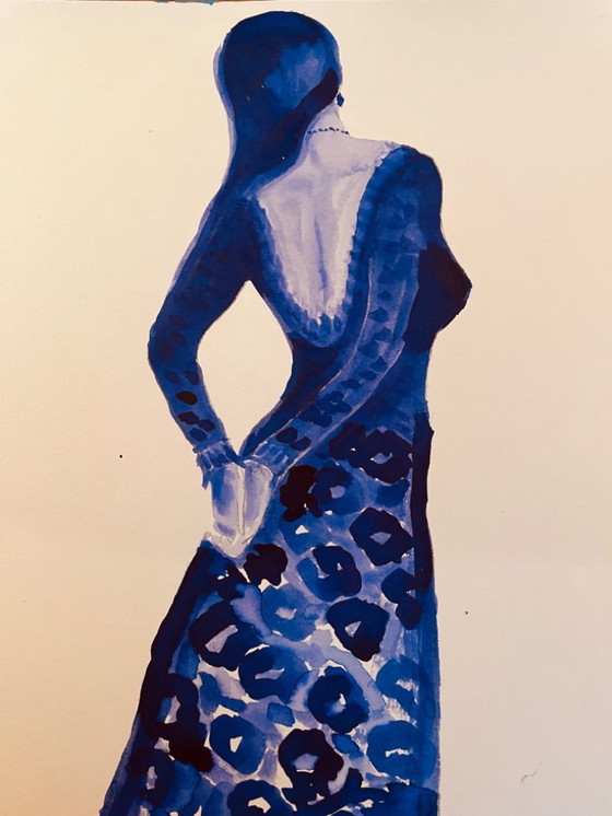 Image 1 of Monochrome indigo blue watercolor portrait of a woman "in a dress"