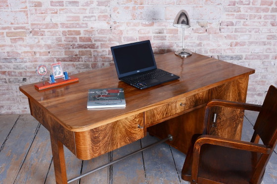 Restored Art Deco Writing Desk, By UP Závody, Walnut, Repolished, Czech, 1930s – Metal, Wood (photo 11 of 19)