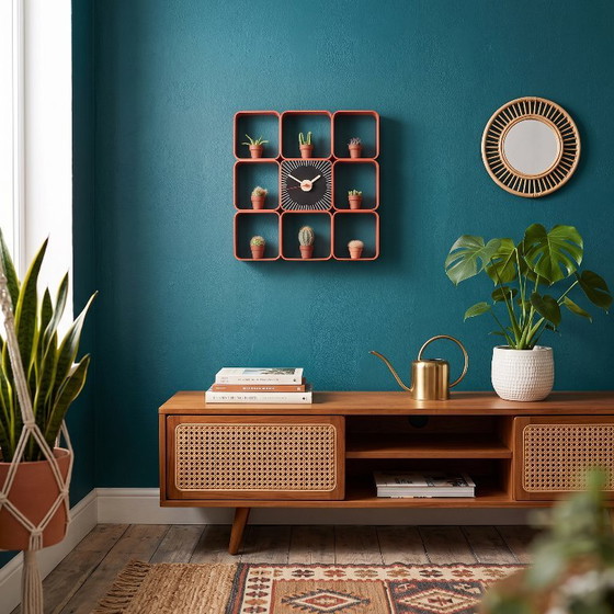 Sunburst Square Clock Bundle – Horloge Murale & Étagère Space Age Mid-Century Années 70 Boho Rétro Vintage (photo 7 of 7)