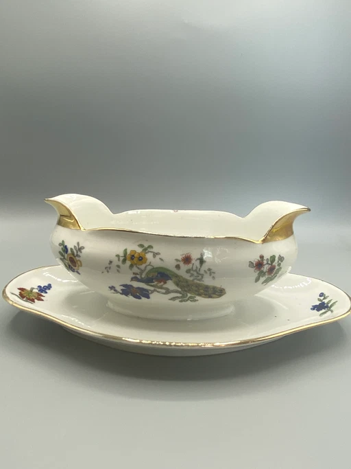 Salsiera in porcellana di Limoges, Charles Field Haviland GDA, decorazione policroma con pavone e motivi floreali, finiture