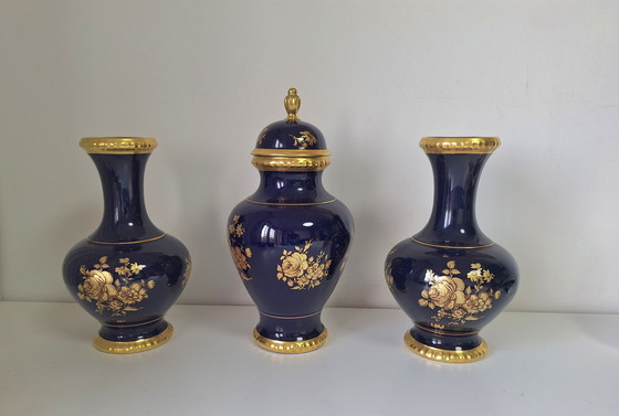 Image 1 of Bareuther Cupboard Set-Real Cobalt Porcelain - 3-Piece With Lid Vase