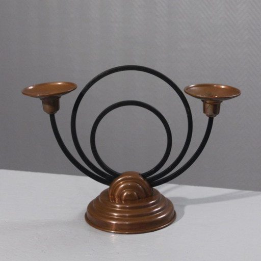 Modernist copper & iron candle holder candelabra Villedieu France 1930s Art Deco