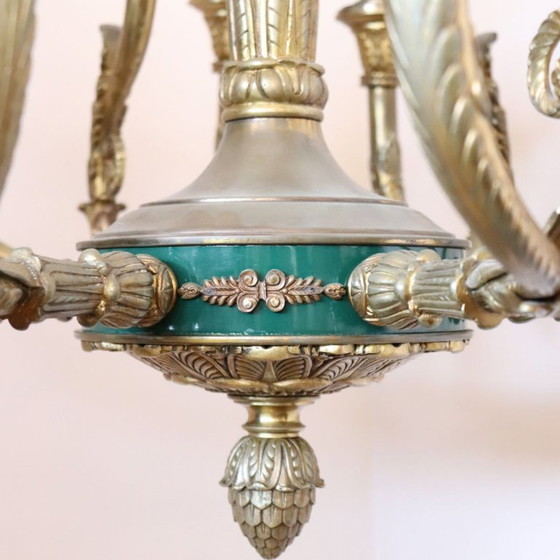 Chandelier in Gilded Bronze and Green Lacquered Metal 18 Bulbs, Italy Early 20th Century (photo 18 of 18)