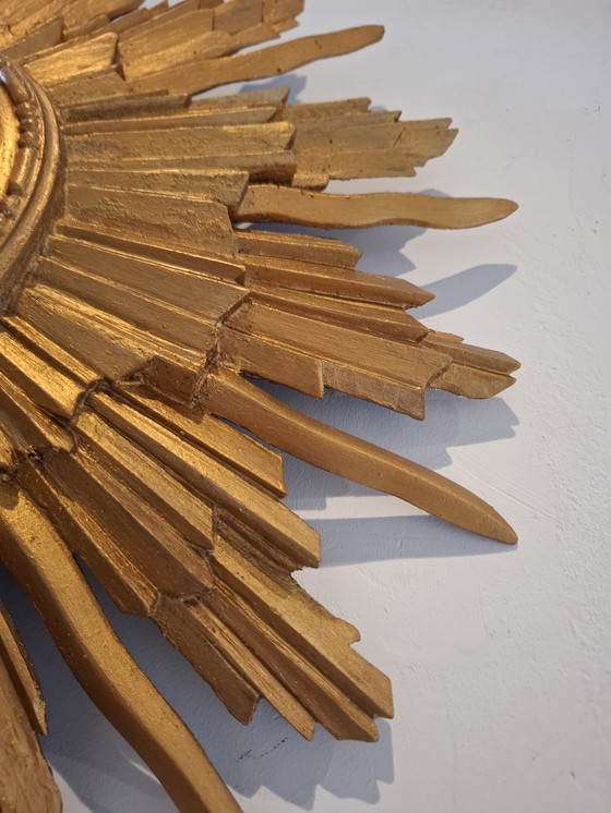 Image 1 of 46cm sun mirror in rare wood, 1950s version. Gold color.