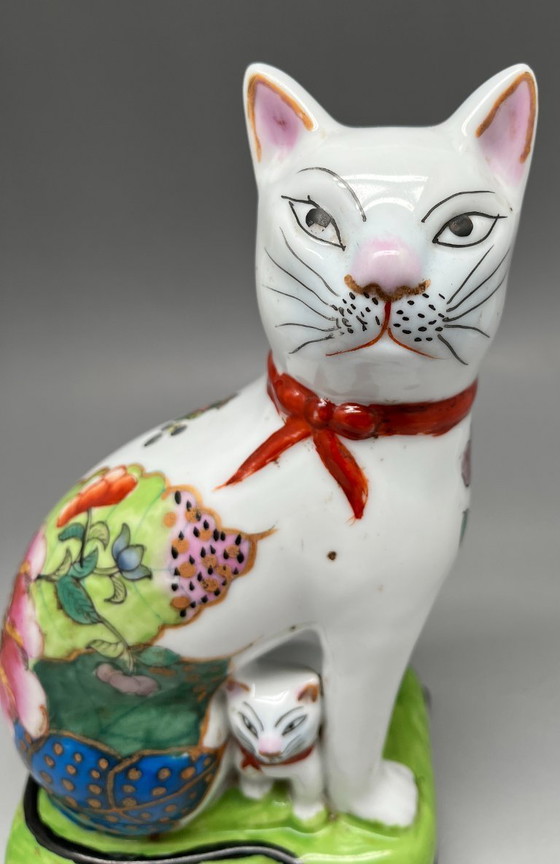 Image 1 of Hand-Painted Ceramic Figurine – Cat with Kitten – Asian Decor