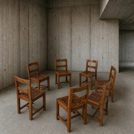6 Stühle / Esstisch aus Eiche / Durchbrochene Tischplatte / 2 eingelegte Glasplatten / Offen gewebte (photo 8 of 9)