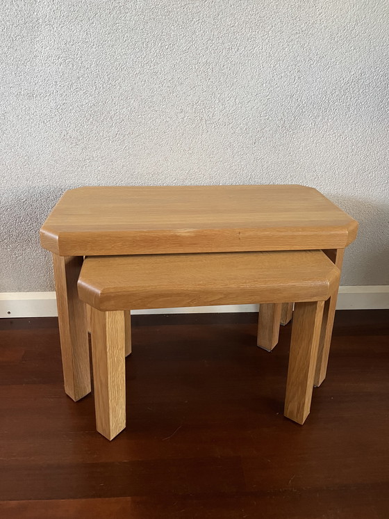 Image 1 of Massief eiken brutalist nesting tafeltjes vintage set 60/70