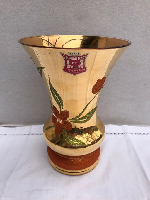 Vaso antico in vetro artistico di BEAULIEU, vetro dipinto in oro + decoro floreale vintage #D391