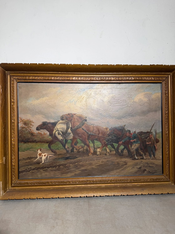 Jef Van Leemputten (Amberes, 1865–1948) – Gran óleo sobre lienzo “Caballos de granja trabajando” (photo 4 of 6)