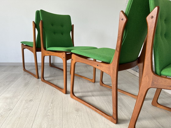 Set of 4 Danish teak chairs, green, 1970s/60s, Vamdrup – Dining chairs, Wood, Cotton (photo 3 of 13)