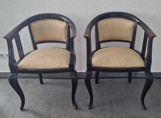 Paar Vintage Fauteuils – donker hout – professioneel opnieuw gestoffeerd