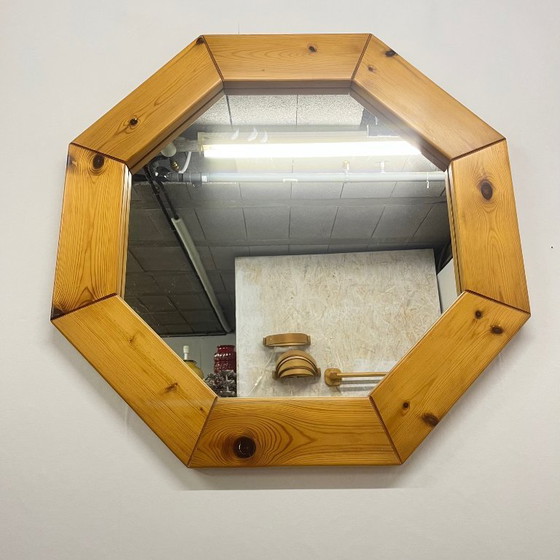 Image 1 of Grande specchio ottagonale in legno di pino, stile scandinavo, 1980