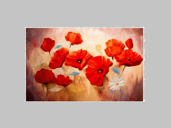 Image 1 of Cuadro al óleo de amapolas y margaritas firmado. Amapolas y margaritas al óleo. Pintura amapolas margaritas. Óleo con amapolas.