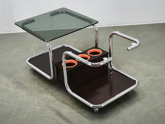 Rare 1970s Space Age Chrome, Smoked Glass and Wood Bar Cart – Metal (photo 3 of 14)