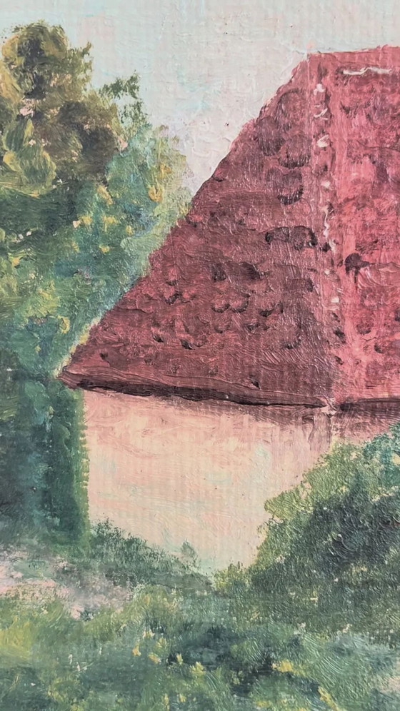 Image 1 of Peinture à l'huile originale vintage représentant un paysage, signée, œuvre d'art de ferme
