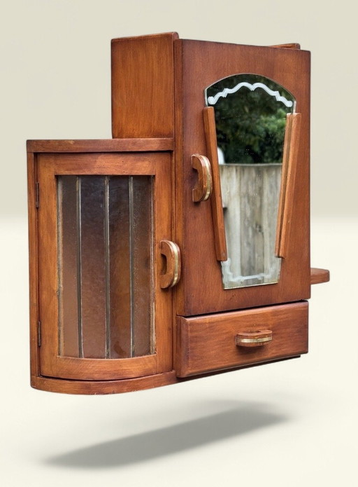 Seltener Apothekerschrank im Art-déco-Stil | Buntglas, Spiegel & Messingbeschläge | 1920er-1930er Jahre – wandkast, Wood
