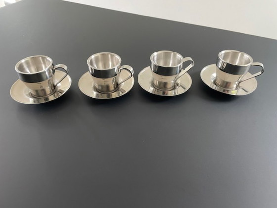 Image 1 of Set of 4 stainless steel espresso cups with saucers