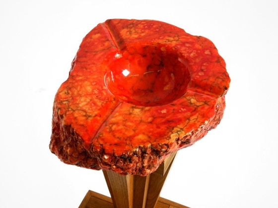 Image 1 of Two Unique Mid-Century Standing Ashtrays Consisting of Red Alabaster Cup with Beautiful Wooden Stand with Shelves