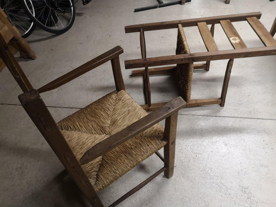 Image 1 of Pair of antique wooden straw-seated armchairs - Authentic country style