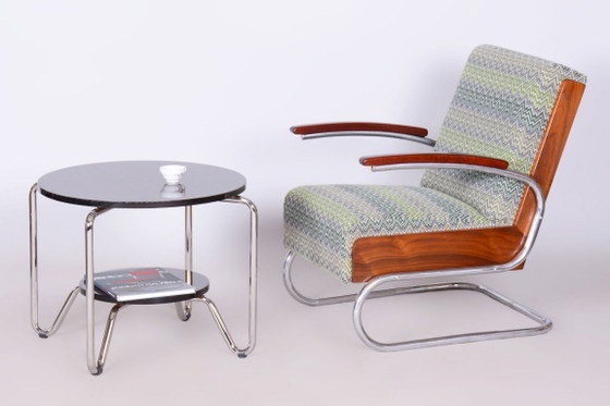Gerestaureerde art-deco fauteuil, beuken, sparren, walnoot, chroom, Tsjechisch, jaren 1930 – Textile, Wood (photo 3 of 14)