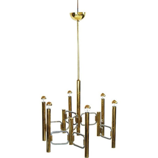 Vintage chandelier in polished brass and chrome by Gaetano Sciolari, Italy 1970